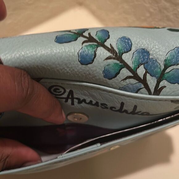 Anuschka Painted Sloth Jungle Print Front Flap Messenger Bag Blue Leather NWT - Picture 3 of 15